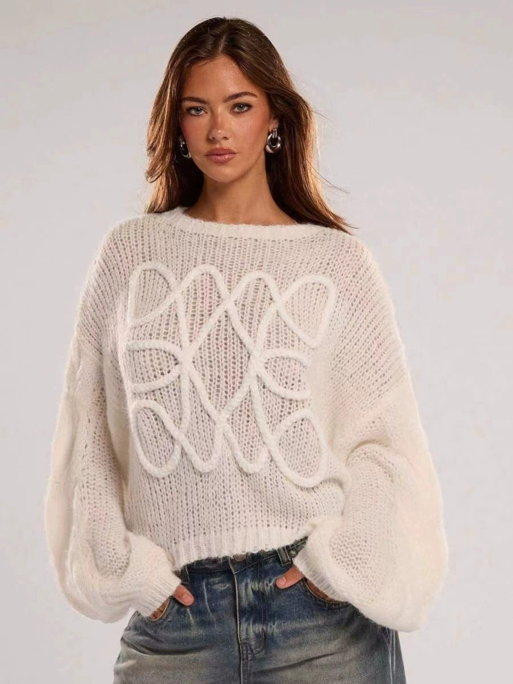 ZARA Womens Lantern Sleeve Crew Neck Knit Sweater Off White Drop Shoulder